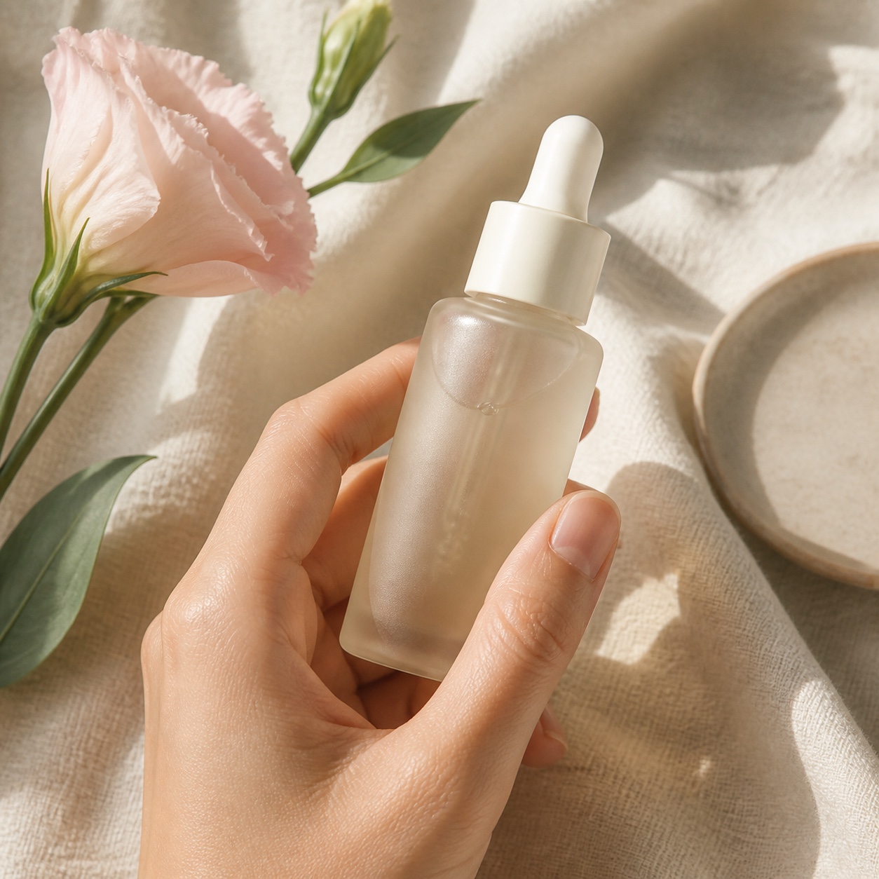 Sérum skincare tenu au creux de la main