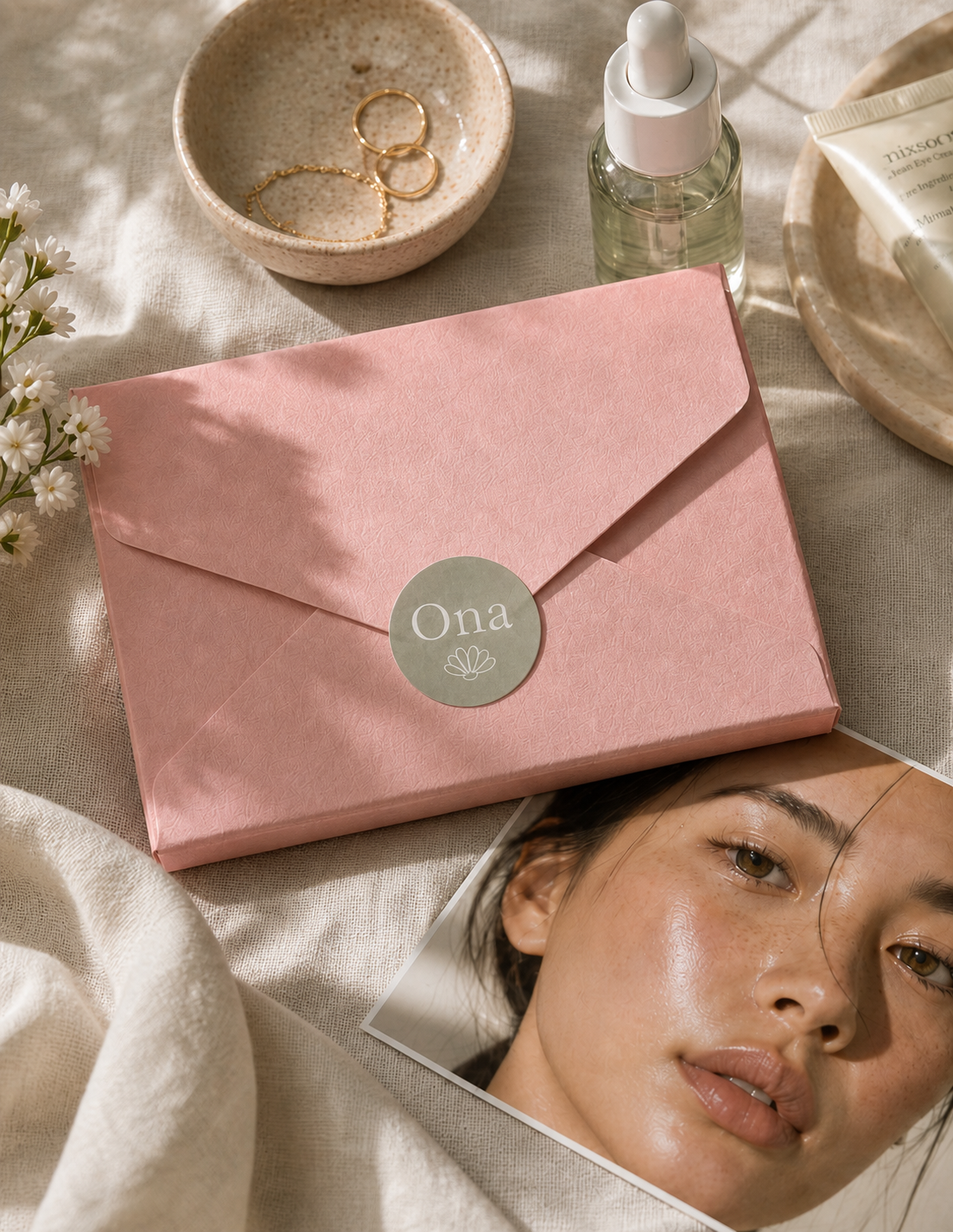 Enveloppe rose ONA posee sur du lin avec des soins coreens dans une lumiere douce