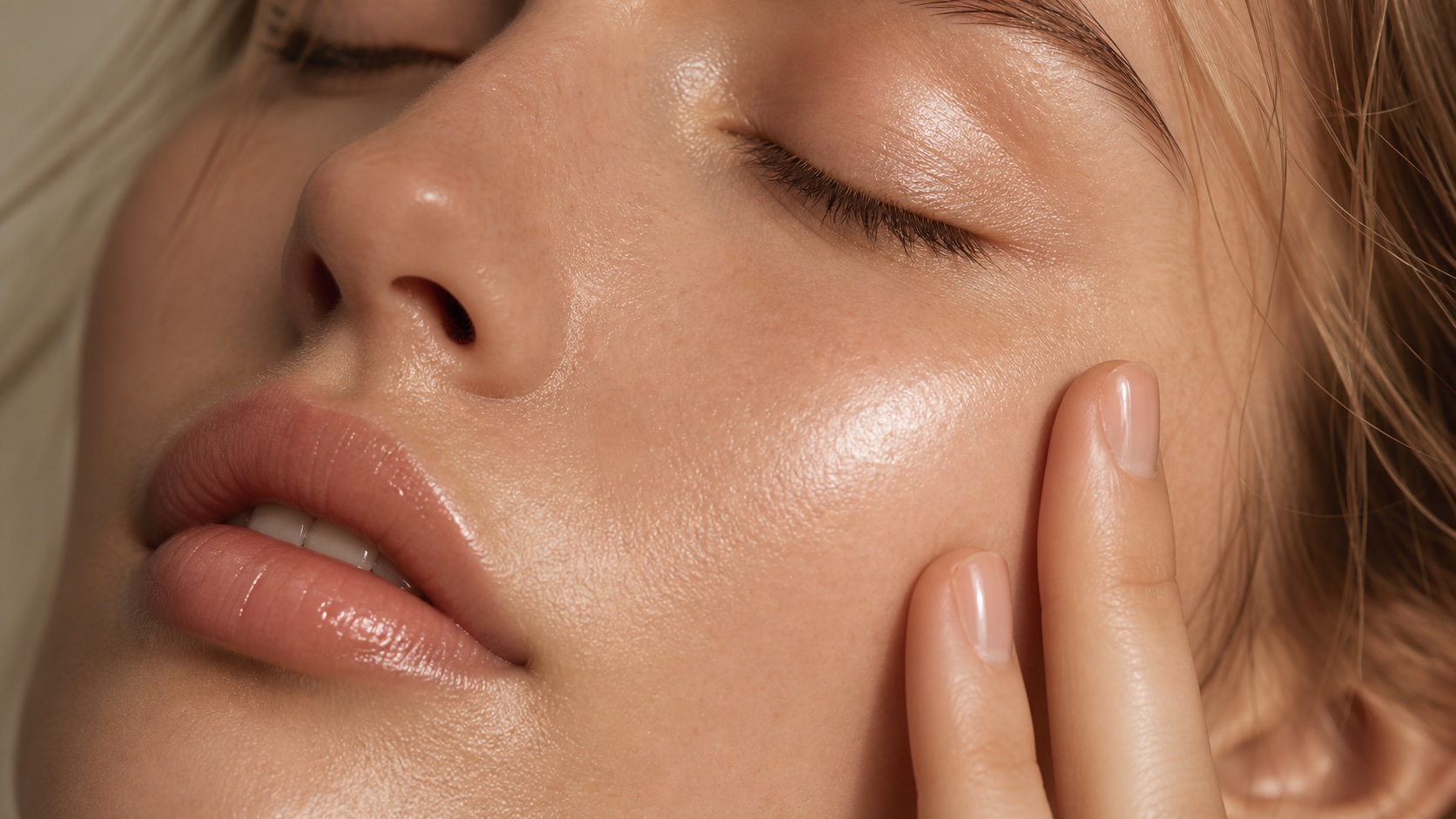 Gros plan d'une peau lumineuse pendant un rituel beaute