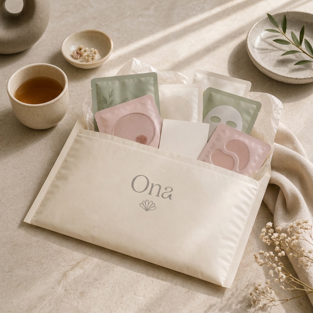 Grande enveloppe d'expedition ONA ouverte avec soins coreens, eye patches et rituel du mois